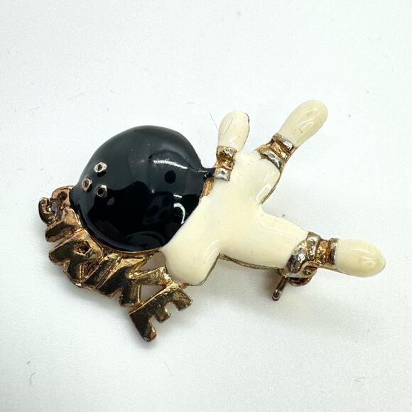 Vintage Bowling Strike Enamel and Metal Brooch Lapel Pin White Black Gold Tone - Picture 2 of 5